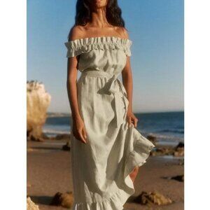 Reformation 100% Linen Sycamore Off Shoulder Midi Dress in Dried Herbs Green S
